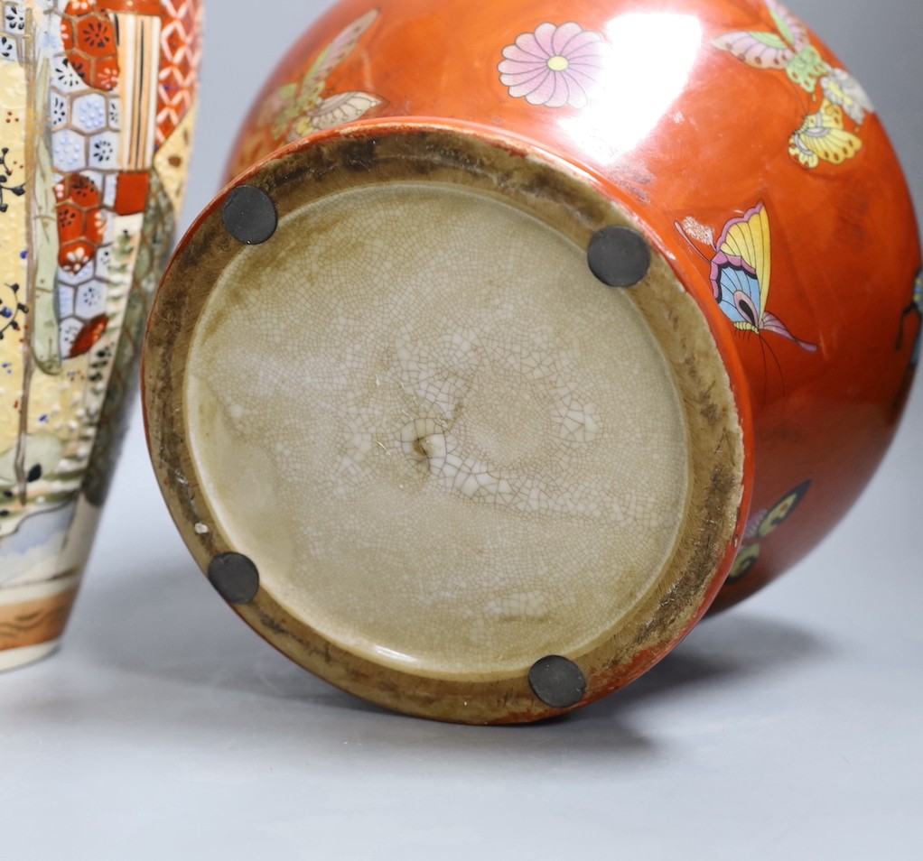 Japanese satsuma vase, 39cm high, together with a red Chinese vase and 19th century Chinese famille rose teapot